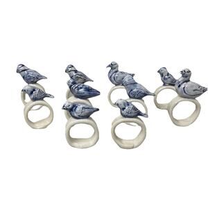 10 Vintage Blue Bird Ceramic Napkin Rings - Bluebirds Figurine Table Decor Flaw
